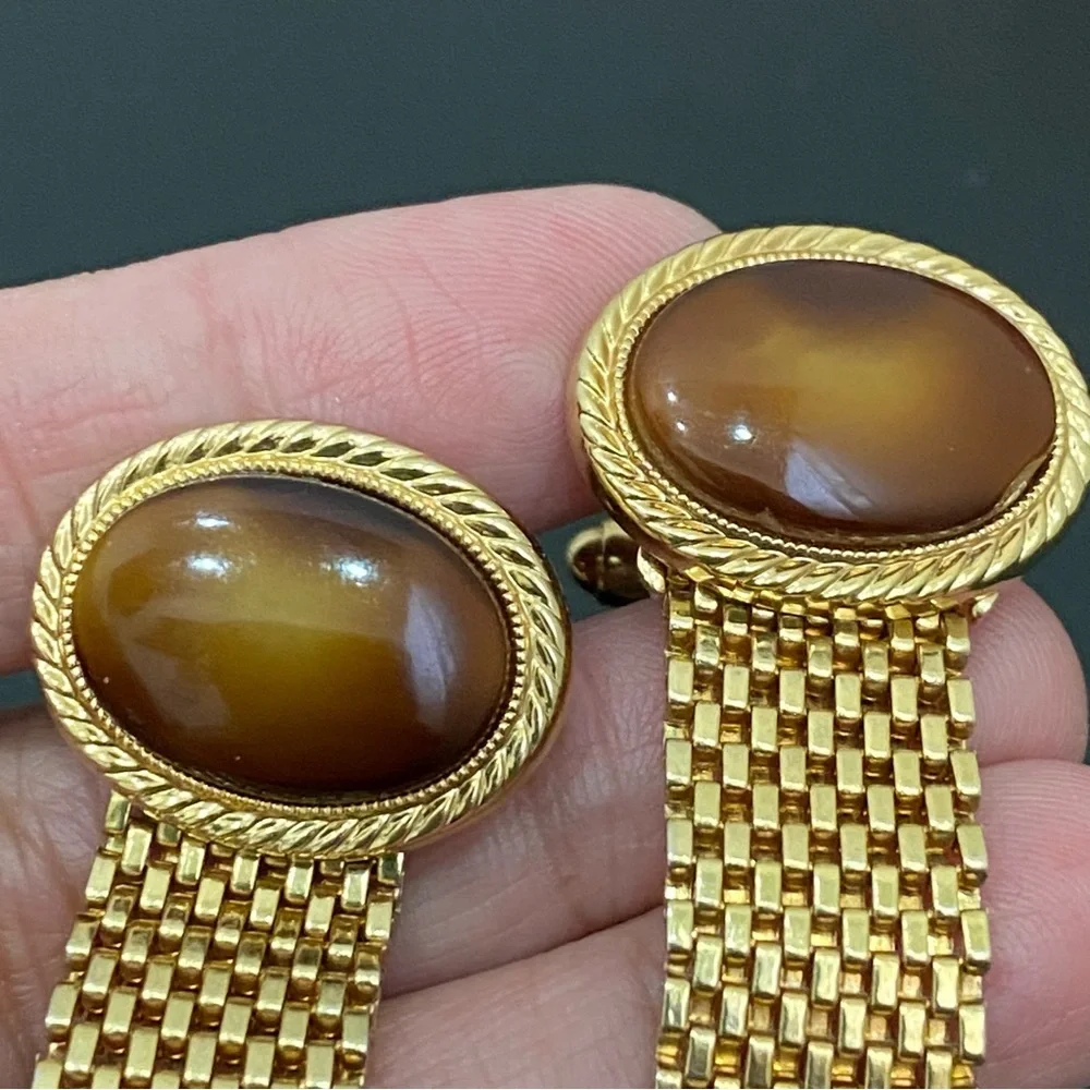 Vintage AVON Yellow/Brown Cabochon Gold-tone Mesh Cuff Links